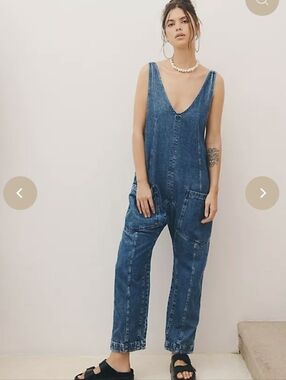 Free People High Roller Jumpsuit Blue Denim V-Neck Overalls